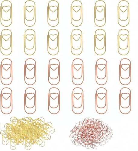 Heyumybit Clips Oficina de Dorados,200 Pcs Clips de Papel Pequeños,Paper Clips Dorados,Clips de Papel en Forma de Corazón,Clip de Fijación de Metal para Oficina Escuela Hogar