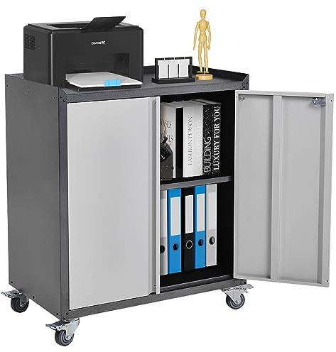 Warmiehomy Metal Storage Cabinet, Heavy Duty Steel Filing Cabinet with 2 Lockable Door & Shelves, Large Cabinet on Wheels, Storage Cupboard for Home Office, Garage, Kitchen, School, 77x46x90cm (WxDxH)