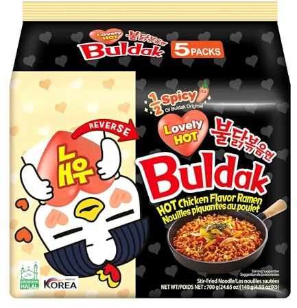 Buldak Lovely Hot Ramen Noodles 5 Pack (5 x 140g) | Spicy Korean Instant Noodles | Halal Hot Chicken Flavour | Multipack Packet Noodles | Imported Korean Ramen