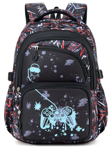 Lutuan Schulrucksack Jungen Teenager, 24L Schultasche Atmungsaktive für Jungs der 3. bis 8. Klasse, Wasserabweisend Lässiger Ranzen Kinder mit Nachthleucht-Effekt, Schwarz-Rot (Gaming)