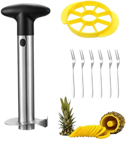 Cortador de Piña,Pelador de Piña Desmontable,Pelador Piña Acero Inoxidable,Incluye 1 Separador de Frutas y 6 Tenedores para Frutas,Adecuado para el Hogar y la Cocina