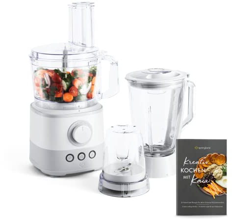 SPRINGLANE Food Processor 1000 W, 1,5 L Glasbehälter, inkl. 4 Schneidescheiben, Messereinsatz, Knethaken, 150 ml Mini-Zerkleinerer, Rezeptheft - Weiß
