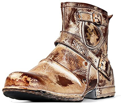 OSSTONE Chukka Stivali Cowboy Biker Boots Maschio Mens Motociclo Botas Cerniera su in Pelle Vitello Western retrò Stile Uomo Piatto Caviglia Stivaletti Boots OS-5008-1-Caramel-14