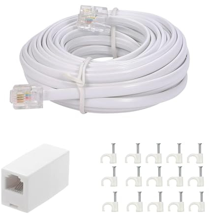 Vthahaby 20 Feet Long Telephone Extension Cord Phone Cable Line Wire, with Standard RJ11 Plug and 1 in-Line Couplers and 15 Cable Clips - White