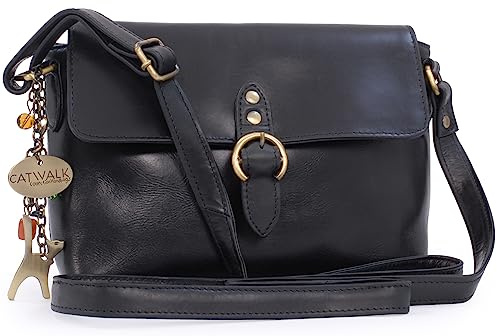 Catwalk Collection Handbags - Borsa a Tracolla Piccola in Vera Pelle - Borsa Messenger Donna - Borsetta con Tracolla Regolabile - Freya - Nero