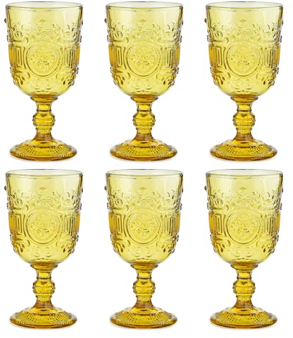 Sungmor Weinkelch aus gepresstem Glas, Vintage-Stil, 6 Stück, klassische Weinkelche, Getränkebecher, 284 ml, Trinkgläser mit geprägtem Design, bernsteinfarbener Wasserkelch für Party, Hochzeit,