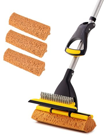 Yocada svampmopp hem kommersiell användning kakel golv badrum garage rengöring totalt 3 svamphuvuden skrapa och utdragbart teleskopiskt långt handtag 102 till 132 cm lätt torr vridning endast 3