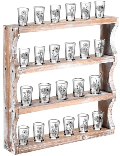 DoubleFill Wood Shot Glass Display Case Shot Glasses Holder Wall Floating Shelves Bar Collection Stand Collection Display Rack (Vintage Brown)