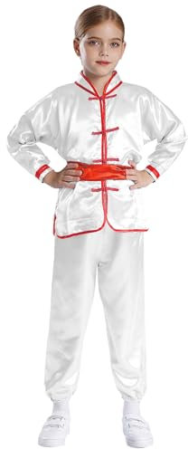 winying Kinder Kung Fu Kleidung Jungen Traditionelle Chinesische Kampfkunst Taiji Outfits Langärmelig Trainingshirts und Hosen Gürtel Weiß 134-140
