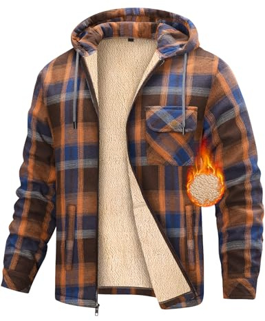 heekpek Sudadera con Capucha Hombre Cuadros Sudaderas Hombres con Cremallera Cálido Hoodie Chaqueta Forro Polar Hombre Invierno con Bolsillos, Naranja, XL