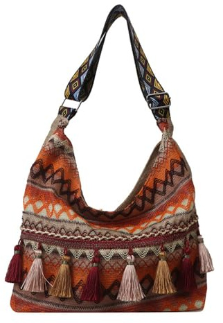 Macrame Bag Orange - Straw Handbags for Women UK, Hippie Bag, Boho Bag, Bohemian Ethnic Crossbody Bags with Colorful Tassels, Vintage Ethnic Tribal Embroidered Tassel Sling Bags