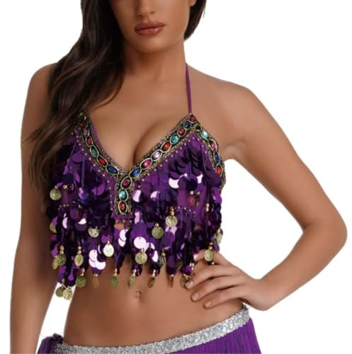 Top con reggiseno per danza del ventre latino con paillettes, top corti con scollo all'americana, frange nappe per danza del ventre latino paillette scintillanti, canotta for spalline schiena scoperta