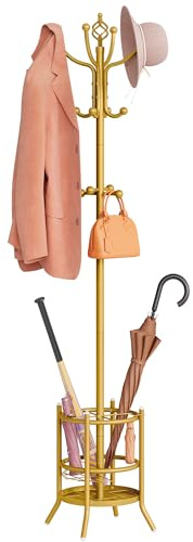 Tajsoon Coat Tree with Umbrella Holder, Coat Rack Freestanding, Coat Hangers Stand with 16 Hooks, Standing Coat Rack for Living Room, Bedroom, Office, Gold