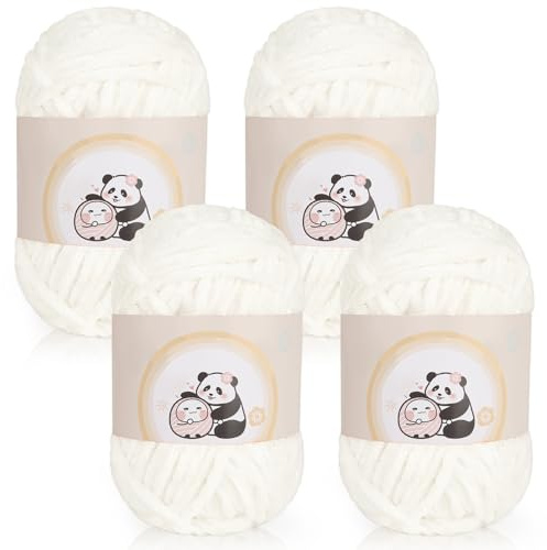 Aeelike Chenille Yarn 400g, 4 Pack Plush Chenille Chunky Wool for Knitting 100g Balls, Soft Fluffy Velvet Thick Yarn for Crochet Amigurumi, Baby Blankets, Scarves, Socks and DIY Crafts, Cream White
