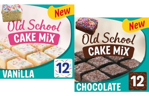 Vanilla Old School Cake Mix and Chocolate Old School Cake Mix 436g Variety Pack, Easy Traybake Kit with Icing & Sprinkles, Includes Baking Tray, Just Add Eggs, Oil & Water, Makes 12 Slices