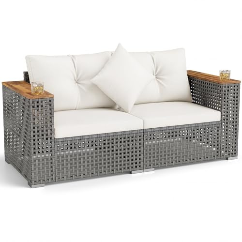 COSTWAY 2-Seater Rattan Garden Sofa, 158cm Patio Loveseat Bench Seating with Cushions, Acacia Wood Armrests & Cup Holders, 2-Piece All-Weather Wicker Weave Corner Outdoor Sofa Set for Balcony Porch