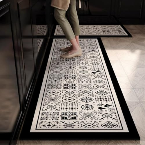 Alfombra Cocina 50X80Cm Negro Bohemio Alfombra Vinilica Cocina Cuero,Modernas Lavable Antideslizante Anti Fatiga para Pasillo, Comedor,Hogar Alfombrilla Cocina