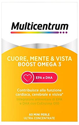 Multicentrum Omega3 Cuore Mente Vista Integratore EPA DHA, 60 mini perle