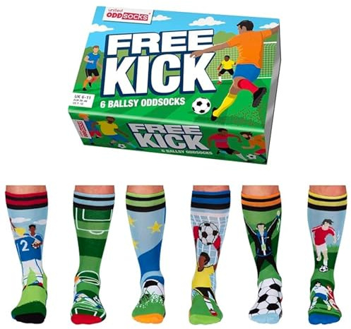 United Oddsocks Free Kick Gift Box, 6 Ballsy Odd Socks for Men, UK 6-11 EUR 39-46 US 7-12, Football-Themed Novelty Present, Colourful Cotton Rich Crew Socks, Fun Gift for Football Fans and Players
