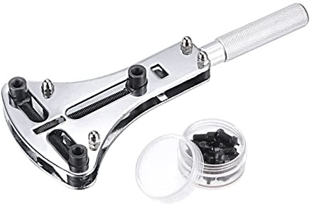sourcing map Montre Arrière Couverture Clé Ouvreur 55mm Réglable Boîte Suppression Outil Chrome Acier pour Montre Réparation avec 18 Bits Argenté
