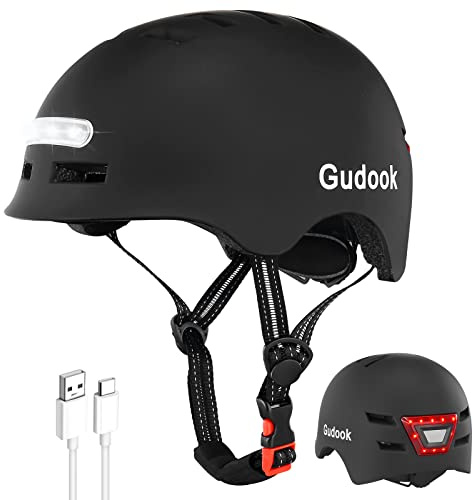 Gudook Adult Bike Helmet with Light - Bicycle Helmets Men - Women - Front and Back LED Lights Adjustable Cycling Helmet for Urban Commuter Biking Scooter