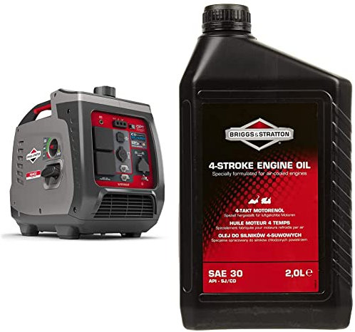 Briggs & Stratton 030801 Petrol Portable Inverter Generator PowerSmart Series P2400, 2400 Watt/1800 Watt Clean Power, Grey & 100008E 4-Stroke Lawn Mower Engine Oil SAE30, 2.0 Litre
