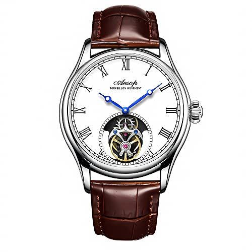 Aesop Tourbillon Herrenuhren Echtes Tourbillon Uhrwerk Mechanischer Handaufzug Armbanduhren Saphirglas Wasserdicht Business Luxus Klassische Uhr 7061(Silber-Weiß-Leder)