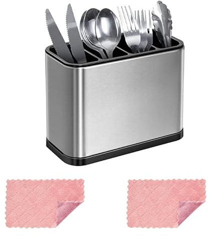 Besteckhalter 4-Fach für Küche Esszimmer Abtropfschale Besteckkasten, Küchenutensilien Besteckorganizer Caddy Halter Spülbereich Rost und Kratzerfreies Edelstahl Anti-Rutsch,Kommt mit 2 Putztuch