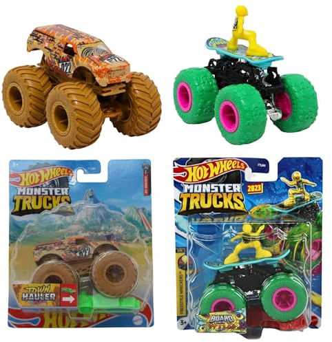 Toptoys2u Bargain Bundles Hot Wheels Monster Trucks - 1:64 Scale Diecast - Town Hauler & Board To Be Wild - Twin Pack