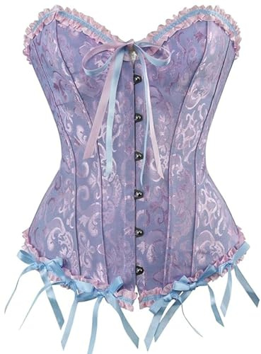 Springcmy Women Plus Size Corset Tops Boned Overbust Bustier Shapewear Lingerie Floral Lace Up Ruffle Trim Waist Push Up Bodysuit (A-Blue, M)