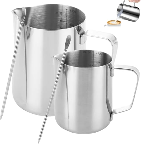 YOUNTHYE 2PCS Milk Jug, 350ml + 600ml Milk Frother Jug Stainless Steel Jug Steaming Pitcher with Decorating Pen and Measurement Mark for Cappuccino Latte and Espresso, 12oz/20oz