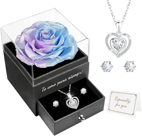 Miofula Rosa Eterna Regalos Originales para Mujer,Flores Preservadas Caja de Regalo con Collar y Aretes,Regalo Aniversario Pareja,Regalo Mujer Cumpleaños,Regalo Mama Novia Dia de la Madre San Valentin