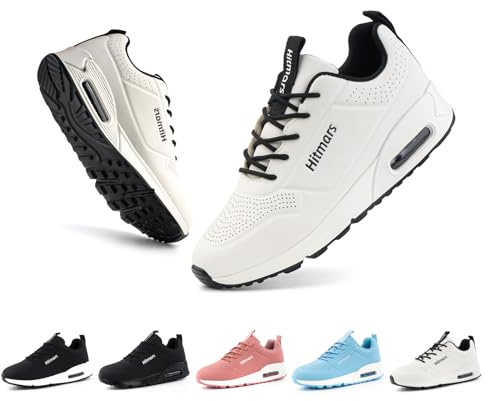 Hitmars Scarpe Running Donna Scarpe Sportive All'Aperto Scarpe Ginnastica PU Idrorepellente Cuscino d'Aria Antiscivolo Traspirante Allacciare Casual Bianco EU37