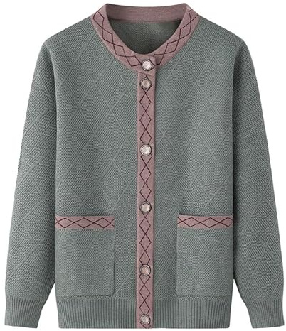 Genérico Cárdigan de Punto para Personas de Mediana Edad Y Mayores, Cárdigan con Cuello Redondo Y Estampado A Cuadros para Abuelas, con Bolsillo, Suéter Cálido para Madres, Abrigo, Chaqueta, Prim