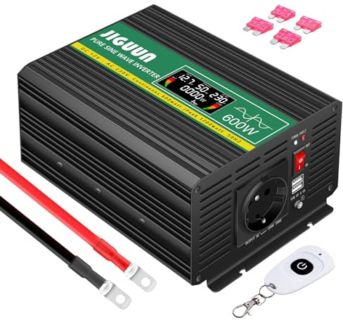 JIGUUN 600W inverter 12v 220v onda pura Trasformatore con 1 prese EU e 2 porta USB 2.4A Telecomando senza fili e display LCD Potenza di picco 1200W per camion camper emergenza