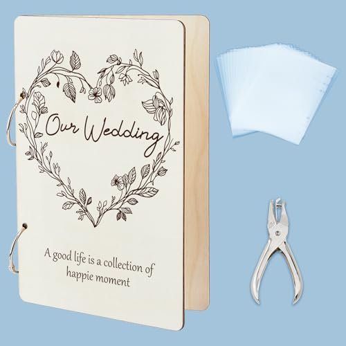 SUPERDANT Our Wedding Greeting Card Organizer Heart-shaped Wreath Wooden Card Keeper Binder Greeting Cards Storage Cards Holder Book Postcard Album with 2-Rings for Wedding Gift