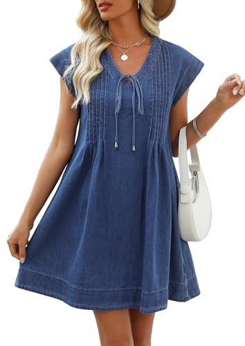 POTILI Denim Dress for Women,V Neck Jean Dresses Short Sleeves Denim Romper Dress with Pockets