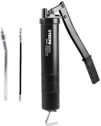 TECPO Fettpresse mit Handhebel inkl. Panzerschlauch, Düsenrohr mit Schmiernippel und Mundstück für 400g Kartuschen 5000PSI Hebelfettpresse Schmierung Pistolengriff Flex Rohr Metall Rohr Verlängerung