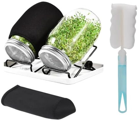 Yuedefly Kit de pots de germination de graines, 2 grands bocaux à large ouverture avec couvercles en acier inoxydable, 2 manchons occultants, plateau de drainage, 2 supports en acier inoxydable pour