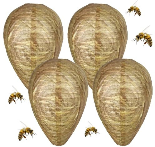 Lot de 4 rouleaux de nid de guêpes factice résistants aux intempéries pour le jardin, nid de frelons, piège à guêpes pour l'extérieur, faux nid de guêpes, anti-guêpes, anti-guêpes, répulsif contre les