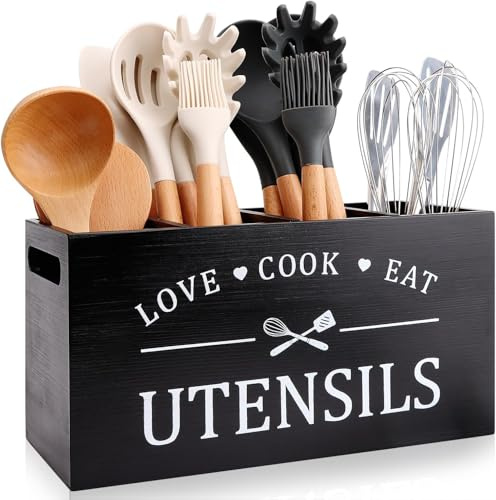 GIOTUK Wooden Kitchen Utensil Holder with 4 Compartments & Drainage, Farmhouse Cooking Utensils Caddy for Countertop, Removable Divider Cutlery Organizer Box (Black)