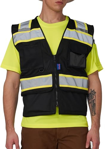 A-SAFETY Black High Vis Reflective Safety Vests for Men Women large High Visibility Vest with Pockets Mesh Fabric Construction Safety Apparel Neon Vest for Work
