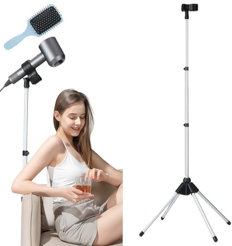 TAZZOR Soporte para secador de pelo de pie de 75 a 150 cm, altura ajustable, 180°, soporte ajustable con peine para el pelo, para baño, dormitorio, balcón, sala de estar