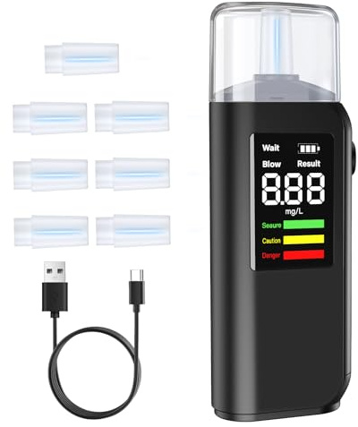 PTDHE Breathalysers, Professional Breathalyser Alcohol Tester with LED Display & Type-C Rechargeable, Accurate, Portable, Breathalyzer Includes 8 Mouthpieces for Family, Car and Personal Use(11*4*2)