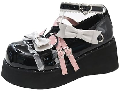 Jemnpela Mary Jane-skor för kvinnor, Lolita, JK, platta skor med rosett, spets, rund tå-spänne, söt Kawaii vardagliga pumpar för dejter, bröllop, cosplay, skola, resefest, Stil2 Svart, 37 EU