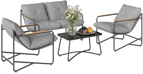 Outsunny Set Salotto da Giardino 4 Pezzi, Set di Mobili da Giardino in Metallo con Divano 2 Posti, 2 Poltrone, Tavolino in Vetro, Cuscini Spessi, Salottino da Esterno per Patio Balcone, Grigio Chiaro
