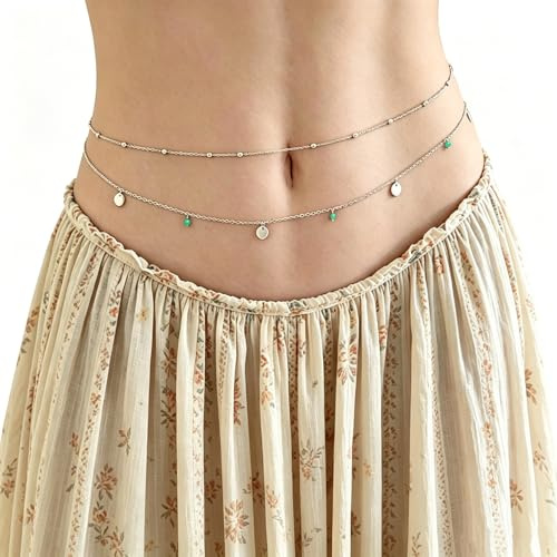 Gold Belly Chain,Turquoise Waist Chain Gold-plated Rhinestone Beads layered Belt Body Jewelry Sexy Beach Bikini Hip Chains Summer Festival Dance Costume Accessories Adjustable Metal,for Women
