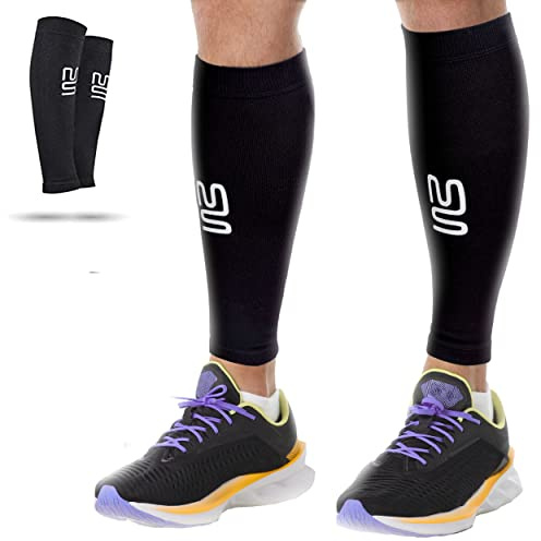 Modetro Sports Calf Compression Sleeves for Men Women - 20-30mmhg Footless Leg Socks 2 Pack - Calf Support for Running(Black-2pairs, L)