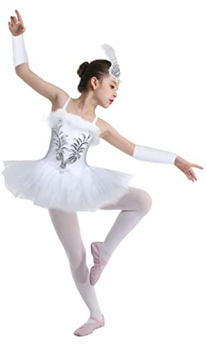 TiaoBug 3PCs Enfant Fille Justaucorps de Danse Ballet Classique Gym Tutu à Paillettes Fleur Tulle Robe de Danse & Gants & Pince de Cheveux Costume 4-12 Ans (4-5 Ans, Blanc)