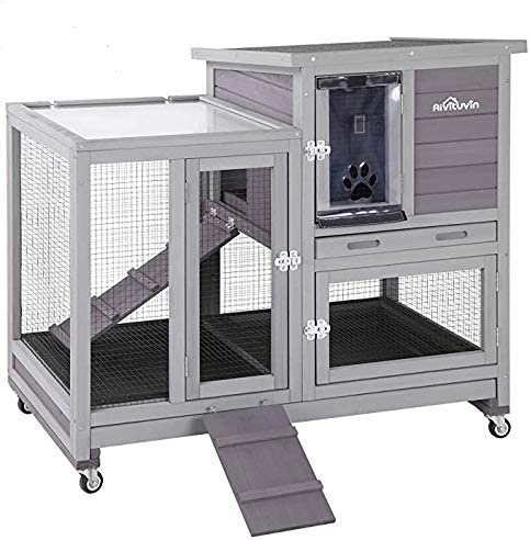 Aivituvin Rabbit Hutch, Indoor Bunny Cage with Run Outdoor Rabbit House with Two Deeper No Leak Trays - 4 Casters Include (Grey)
